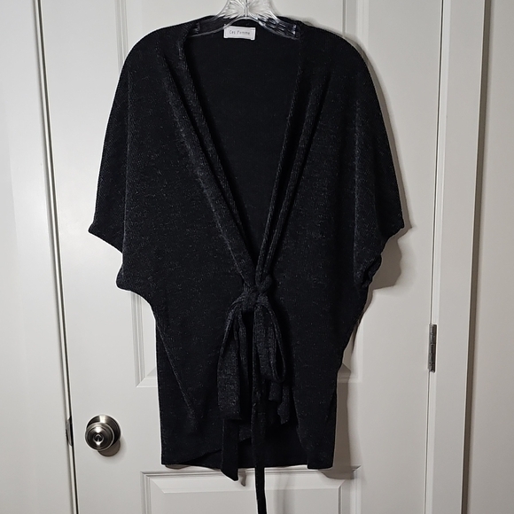 Ces Femme Black Tie Front Kimono Cardigan Size Large Short Sleeve Open Knit - Picture 3 of 10